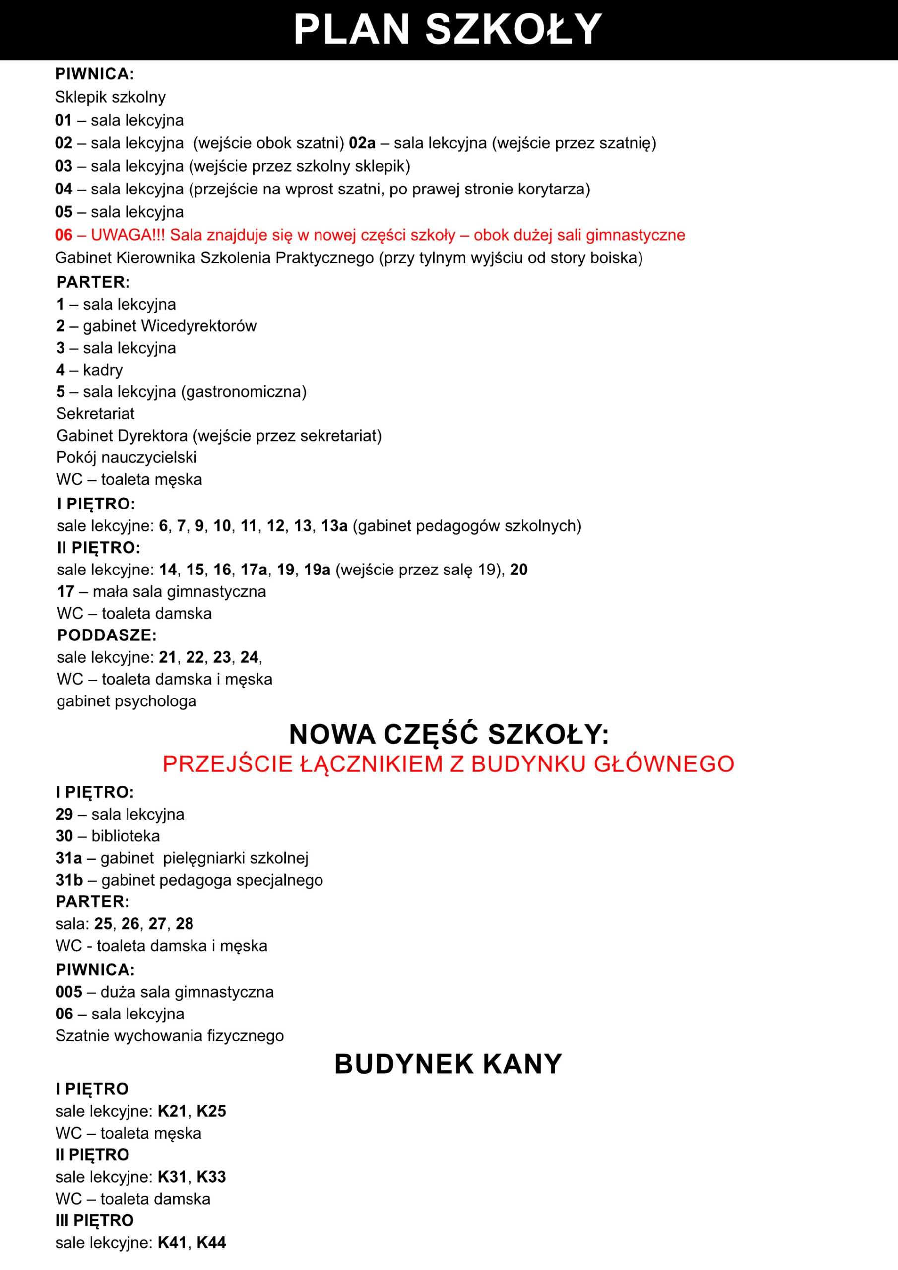 Rozkład sal lekcyjnych – Zespół Szkół Ekonomicznych im. Janusza